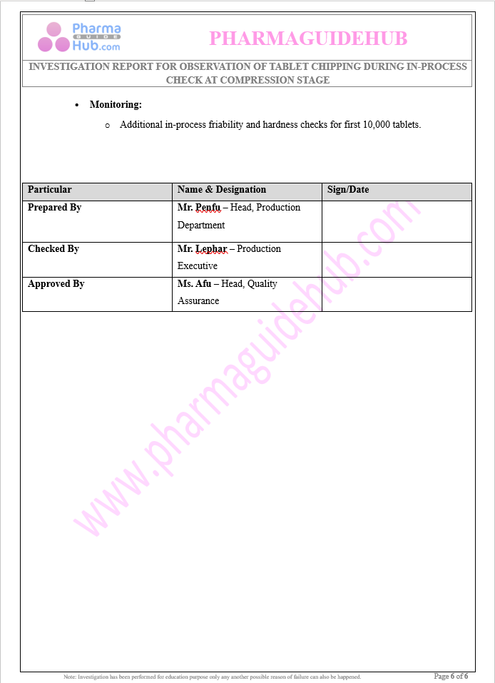 Investigation Report for Tablet Chipping During In-Process Check at Compression Stage