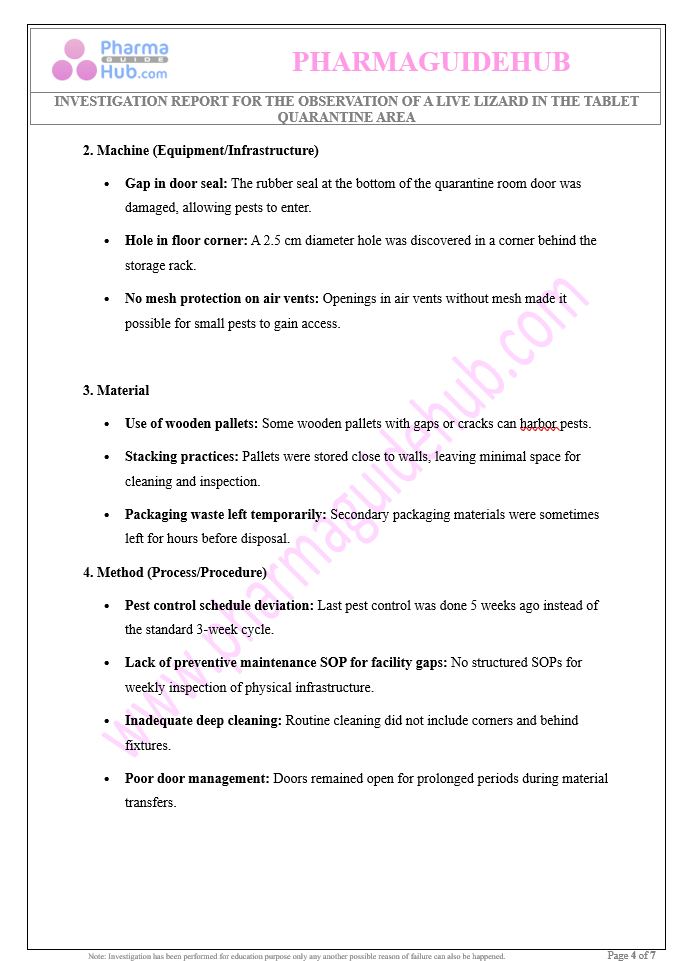 INVESTIGATION REPORT FOR THE OBSERVATION OF A LIVE LIZARD IN THE TABLET QUARANTINE AREA
