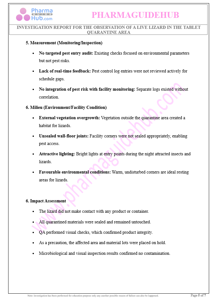 INVESTIGATION REPORT FOR THE OBSERVATION OF A LIVE LIZARD IN THE TABLET QUARANTINE AREA