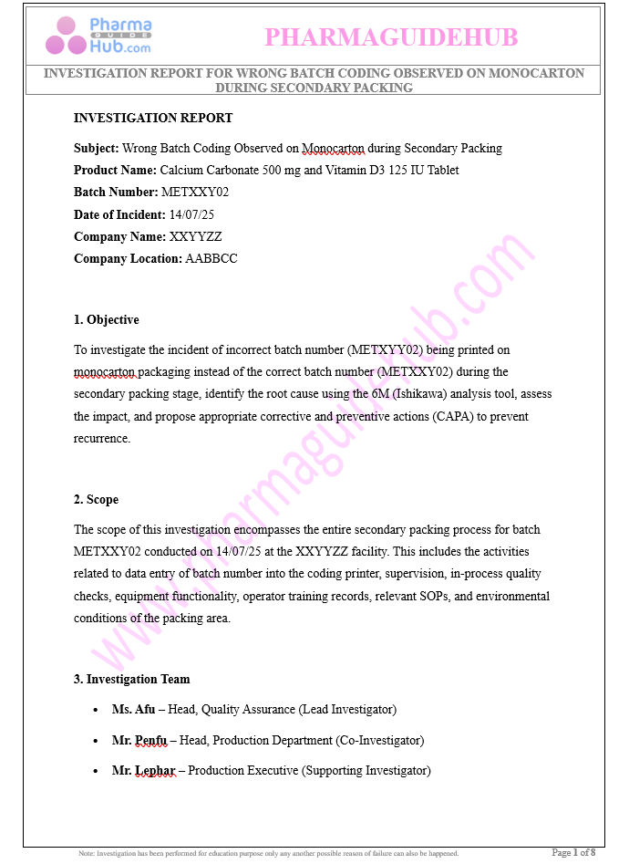 INVESTIGATION REPORT FOR WRONG BATCH CODING OBSERVED ON MONOCARTON DURING SECONDARY PACKING