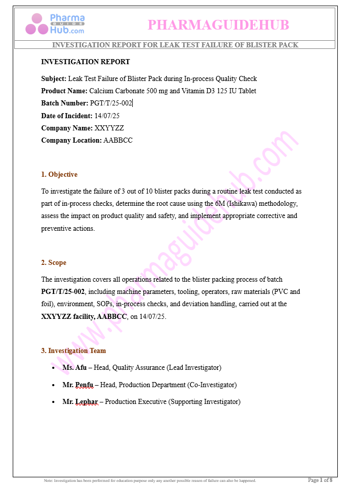 INVESTIGATION REPORT FOR LEAK TEST FAILURE OF BLISTER PACK