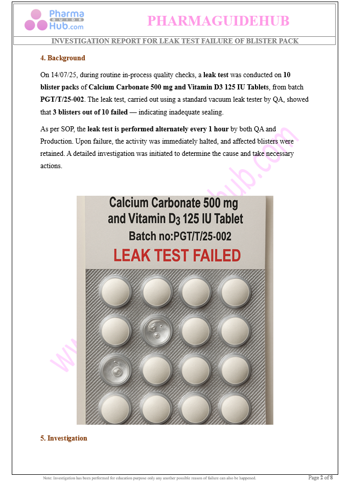 INVESTIGATION REPORT FOR LEAK TEST FAILURE OF BLISTER PACK