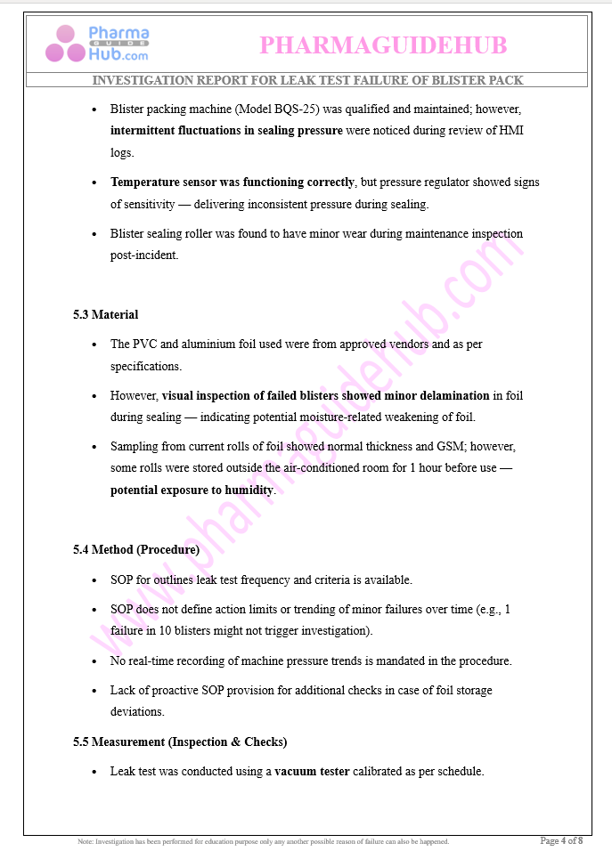 INVESTIGATION REPORT FOR LEAK TEST FAILURE OF BLISTER PACK