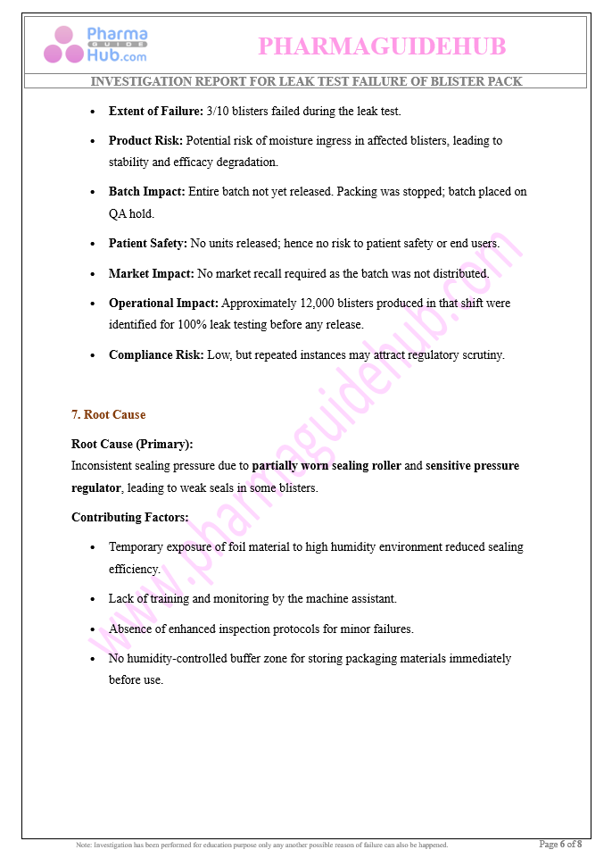 INVESTIGATION REPORT FOR LEAK TEST FAILURE OF BLISTER PACK