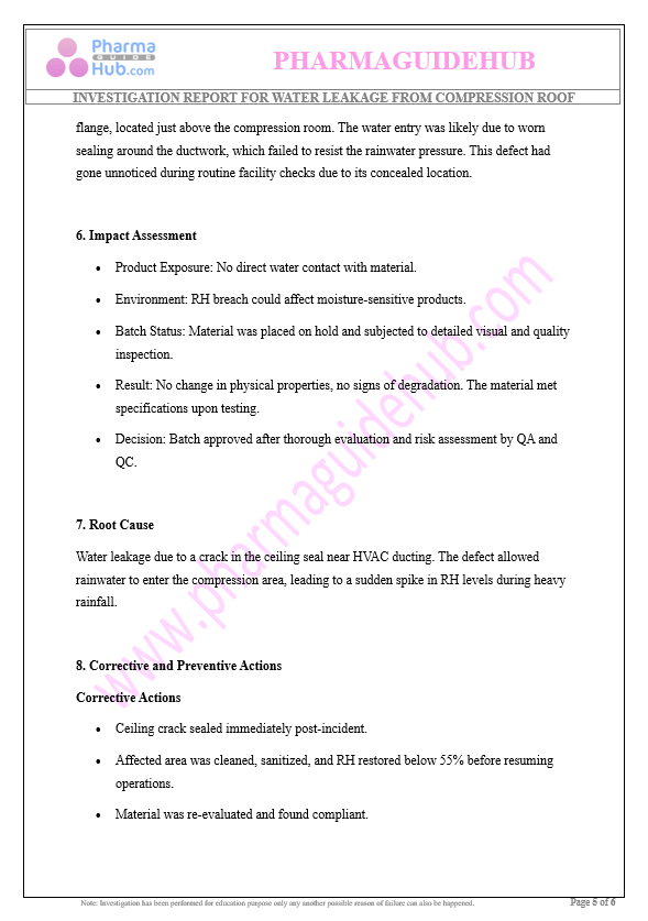 INVESTIGATION REPORT FOR WATER LEAKAGE FROM COMPRESSION ROOF