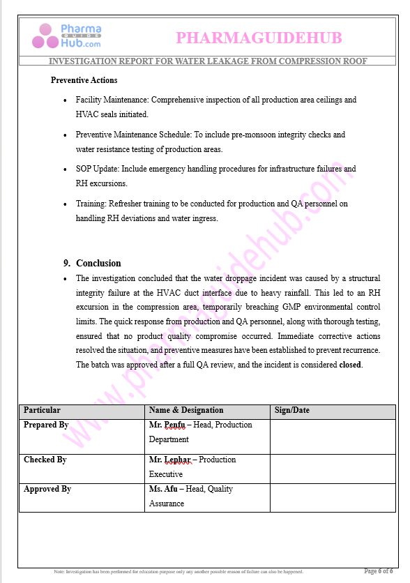 INVESTIGATION REPORT FOR WATER LEAKAGE FROM COMPRESSION ROOF