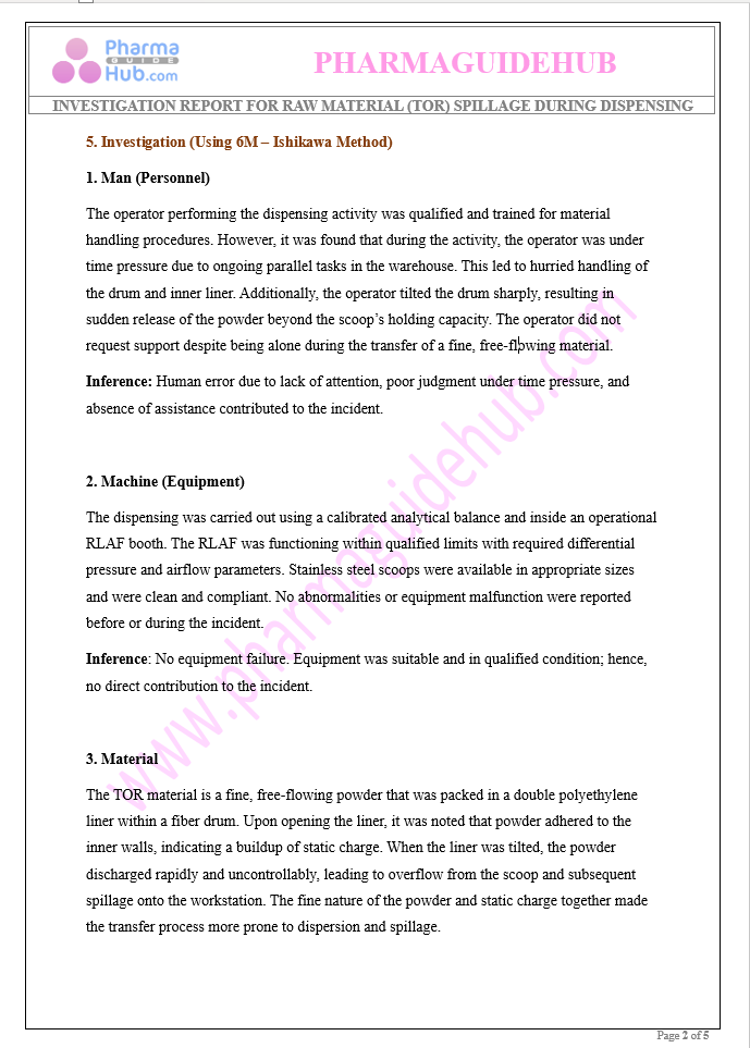 INVESTIGATION REPORT FOR RAW MATERIAL SPILLAGE DURING DISPENSING