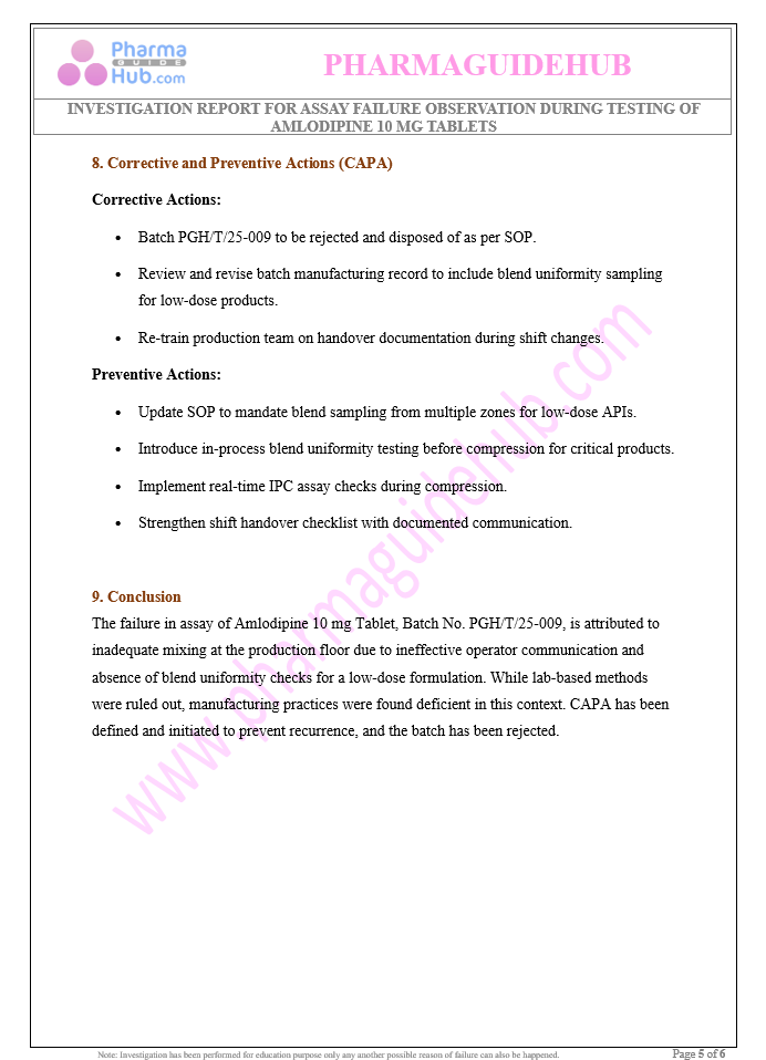INVESTIGATION REPORT FOR ASSAY FAILURE OBSERVATION DURING TESTING OF AMLODIPINE 10 MG TABLETS