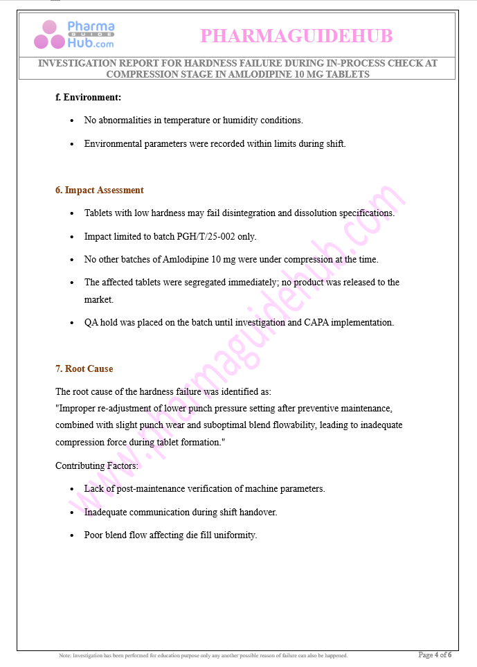 INVESTIGATION REPORT FOR HARDNESS FAILURE DURING IN-PROCESS CHECK AT COMPRESSION STAGE IN AMLODIPINE 10 MG TABLETS