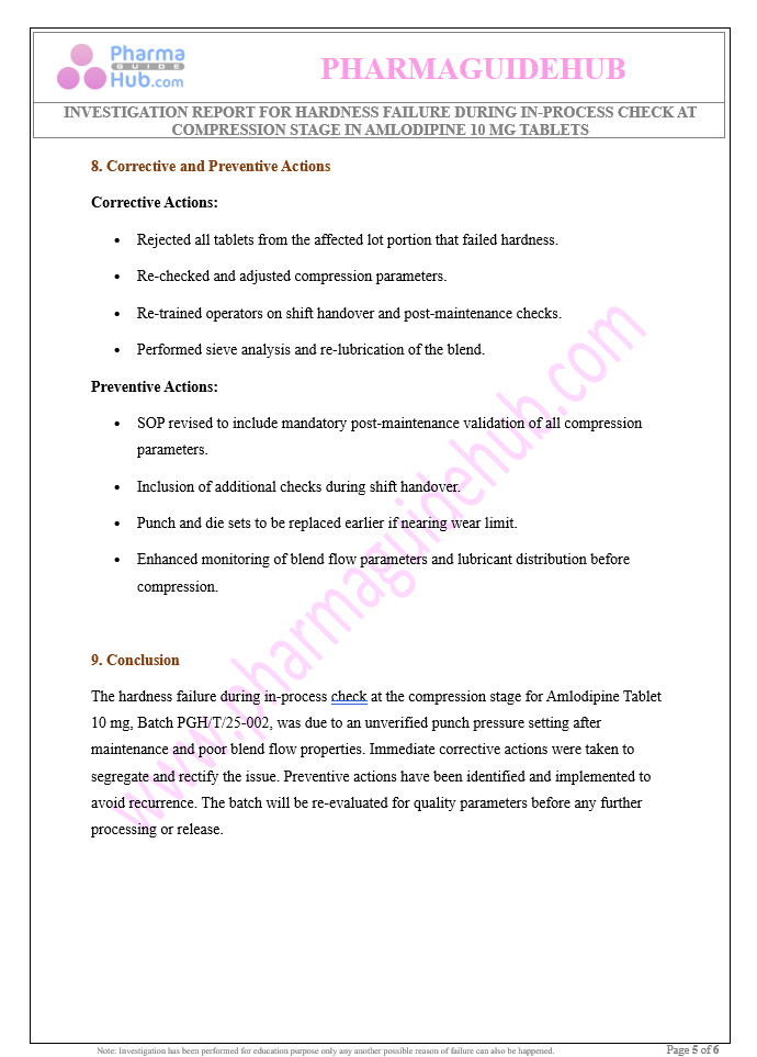 INVESTIGATION REPORT FOR HARDNESS FAILURE DURING IN-PROCESS CHECK AT COMPRESSION STAGE IN AMLODIPINE 10 MG TABLETS