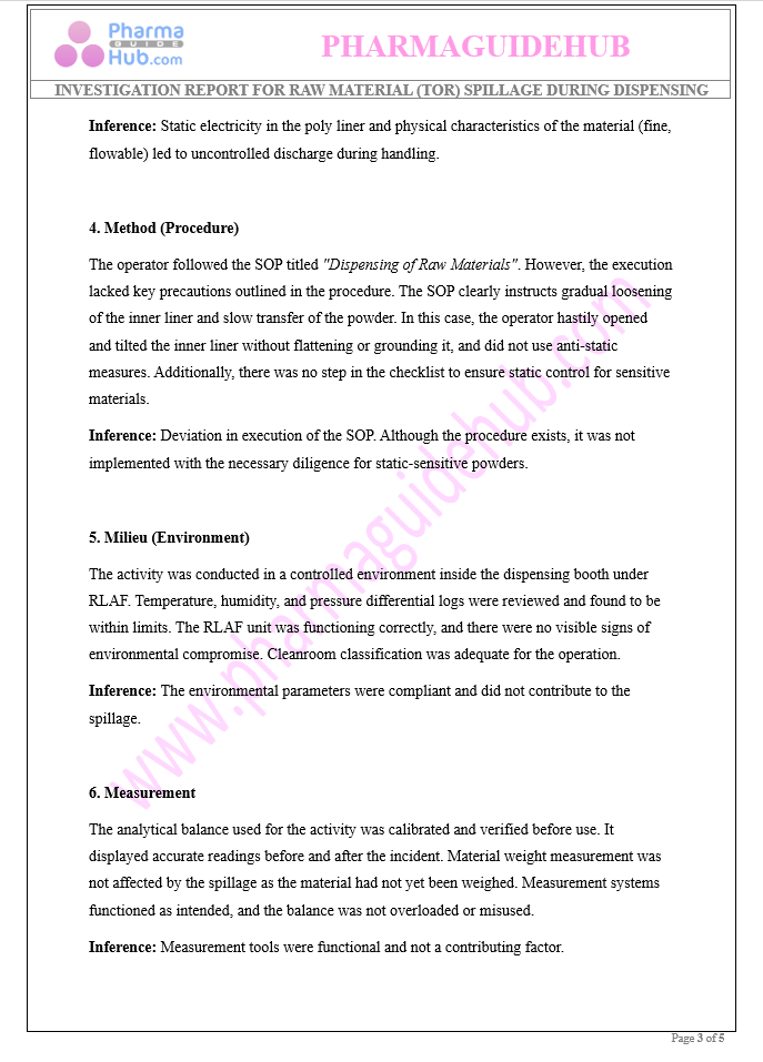 INVESTIGATION REPORT FOR RAW MATERIAL SPILLAGE DURING DISPENSING