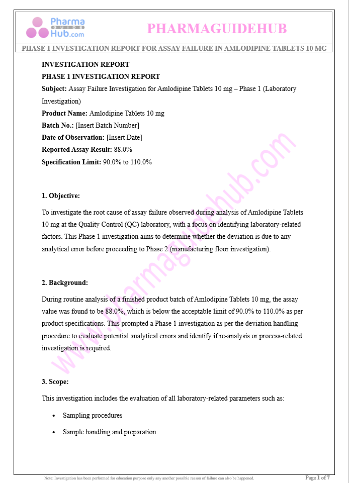 Assay Failure Investigation for Amlodipine Tablets 10 mg – Phase 1 (Laboratory Investigation)