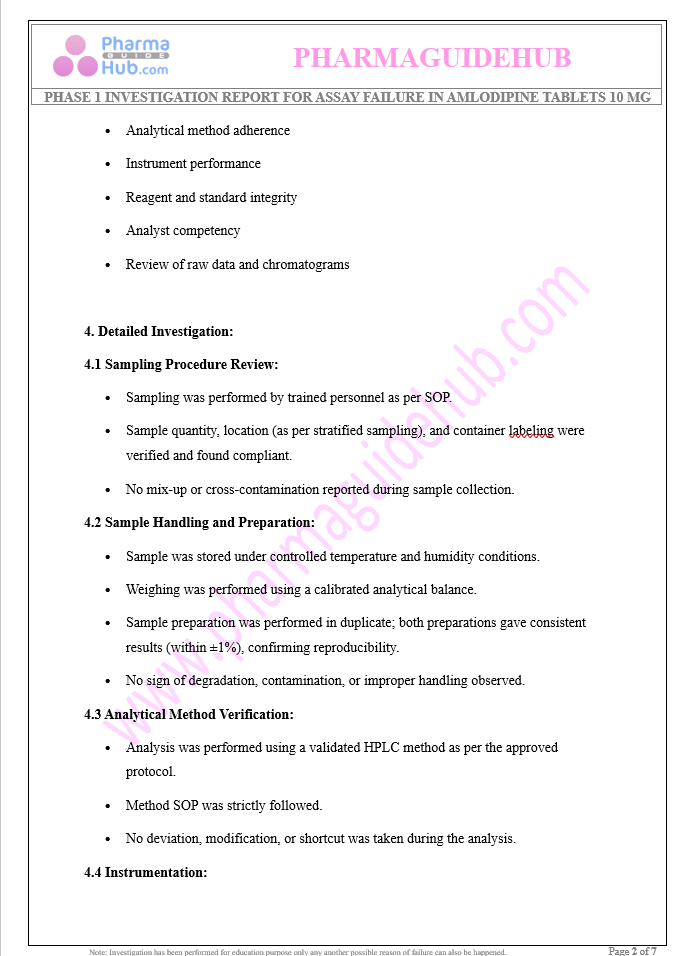 Assay Failure Investigation for Amlodipine Tablets 10 mg – Phase 1 (Laboratory Investigation)