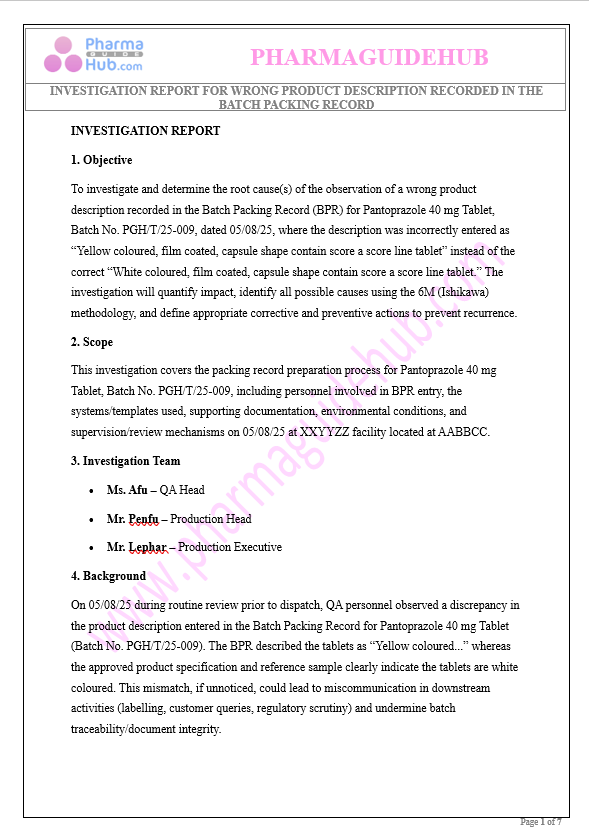 INVESTIGATION REPORT FOR WRONG PRODUCT DESCRIPTION RECORDED IN THE BATCH PACKING RECORD