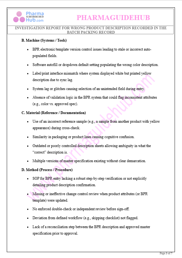 INVESTIGATION REPORT FOR WRONG PRODUCT DESCRIPTION RECORDED IN THE BATCH PACKING RECORD