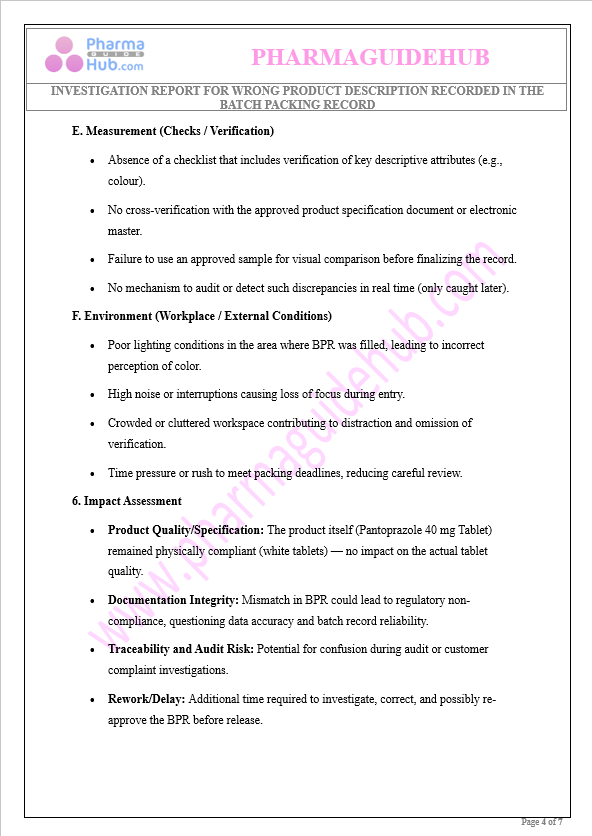 INVESTIGATION REPORT FOR WRONG PRODUCT DESCRIPTION RECORDED IN THE BATCH PACKING RECORD