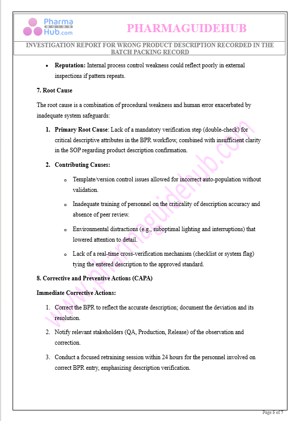 INVESTIGATION REPORT FOR WRONG PRODUCT DESCRIPTION RECORDED IN THE BATCH PACKING RECORD
