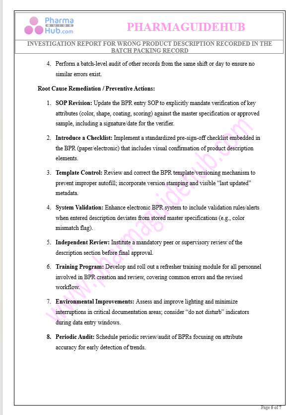 INVESTIGATION REPORT FOR WRONG PRODUCT DESCRIPTION RECORDED IN THE BATCH PACKING RECORD