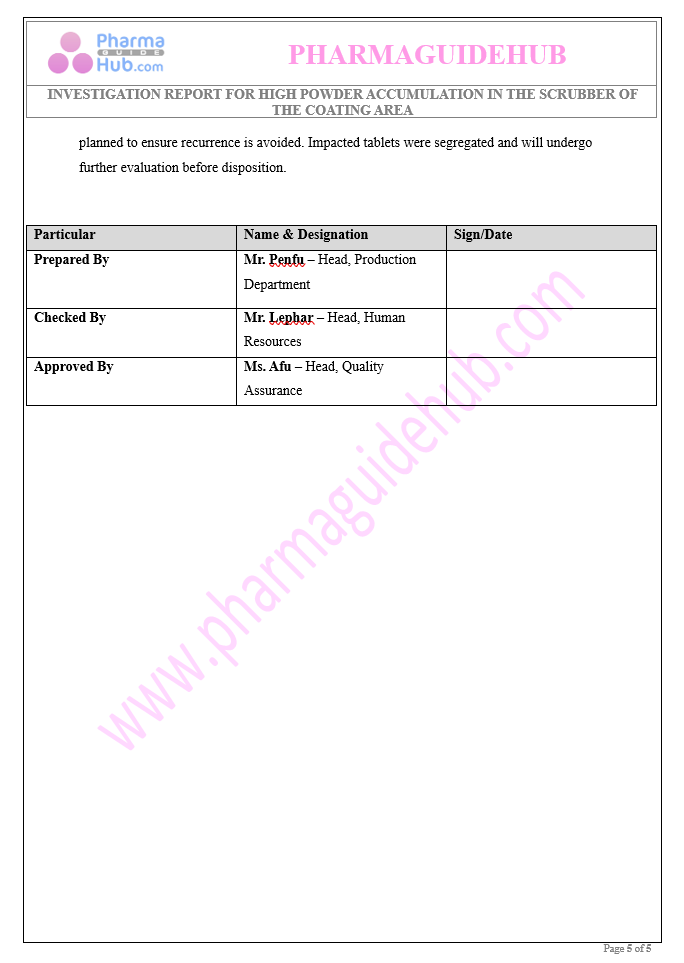 INVESTIGATION REPORT FOR HIGH POWDER ACCUMULATION IN THE SCRUBBER OF THE COATING AREA