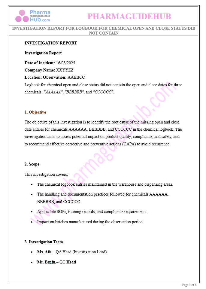 INVESTIGATION REPORT FOR LOGBOOK FOR CHEMICAL OPEN AND CLOSE STATUS DID NOT CONTAIN