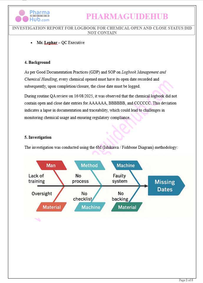 INVESTIGATION REPORT FOR LOGBOOK FOR CHEMICAL OPEN AND CLOSE STATUS DID NOT CONTAIN