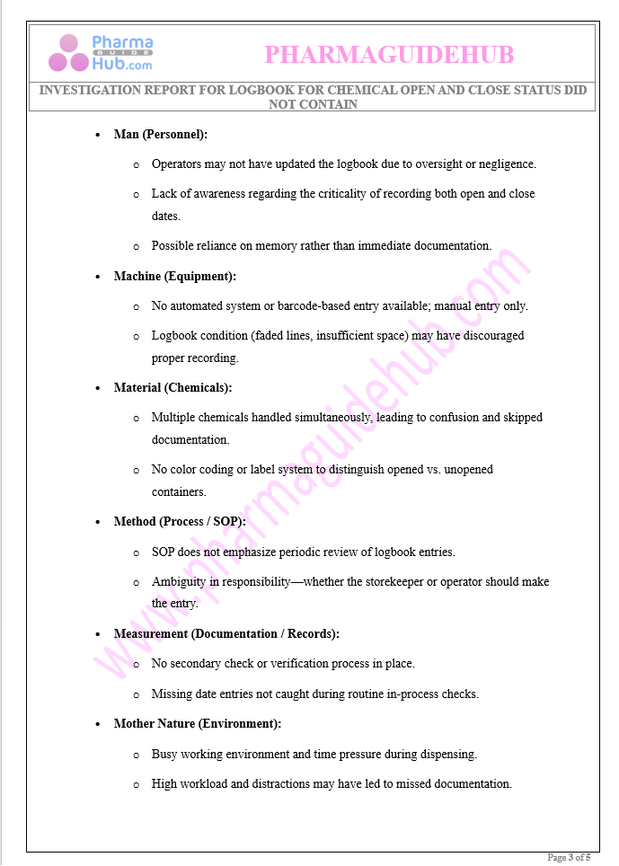 INVESTIGATION REPORT FOR LOGBOOK FOR CHEMICAL OPEN AND CLOSE STATUS DID NOT CONTAIN
