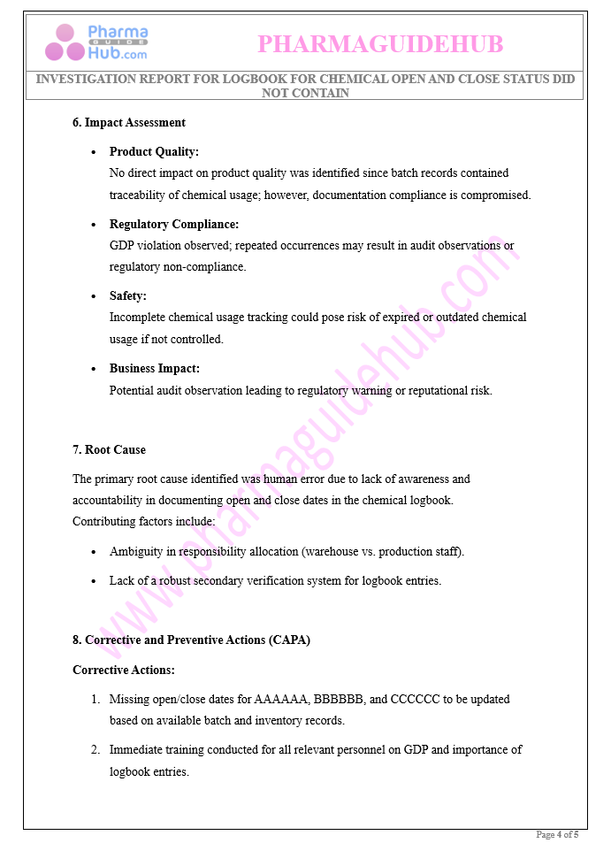 INVESTIGATION REPORT FOR LOGBOOK FOR CHEMICAL OPEN AND CLOSE STATUS DID NOT CONTAIN