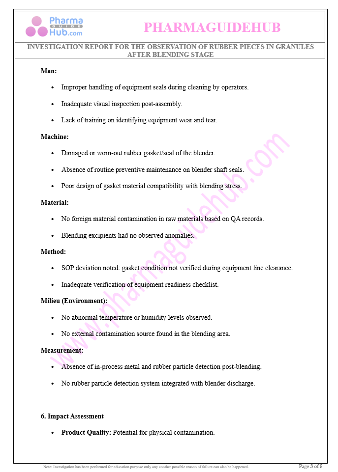 INVESTIGATION REPORT FOR THE OBSERVATION OF RUBBER PIECES IN GRANULES AFTER BLENDING STAGE