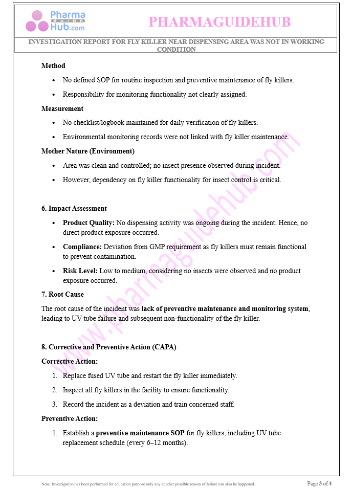 INVESTIGATION REPORT FOR FLY KILLER NEAR DISPENSING AREA WAS NOT IN WORKING CONDITION