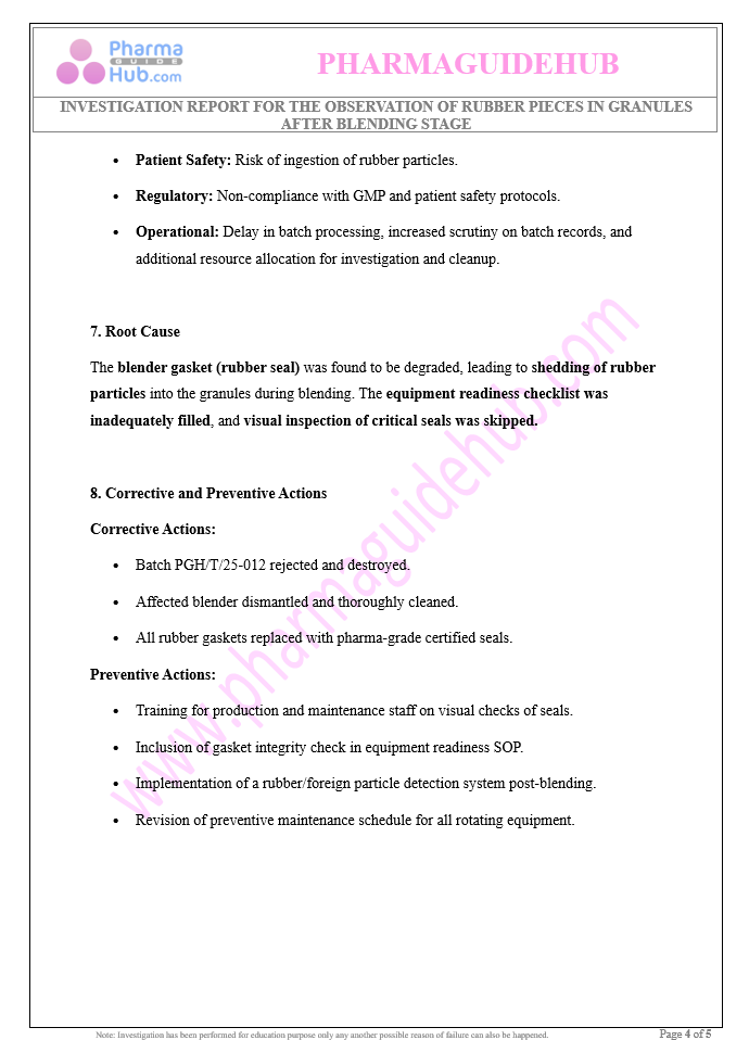 INVESTIGATION REPORT FOR THE OBSERVATION OF RUBBER PIECES IN GRANULES AFTER BLENDING STAGE