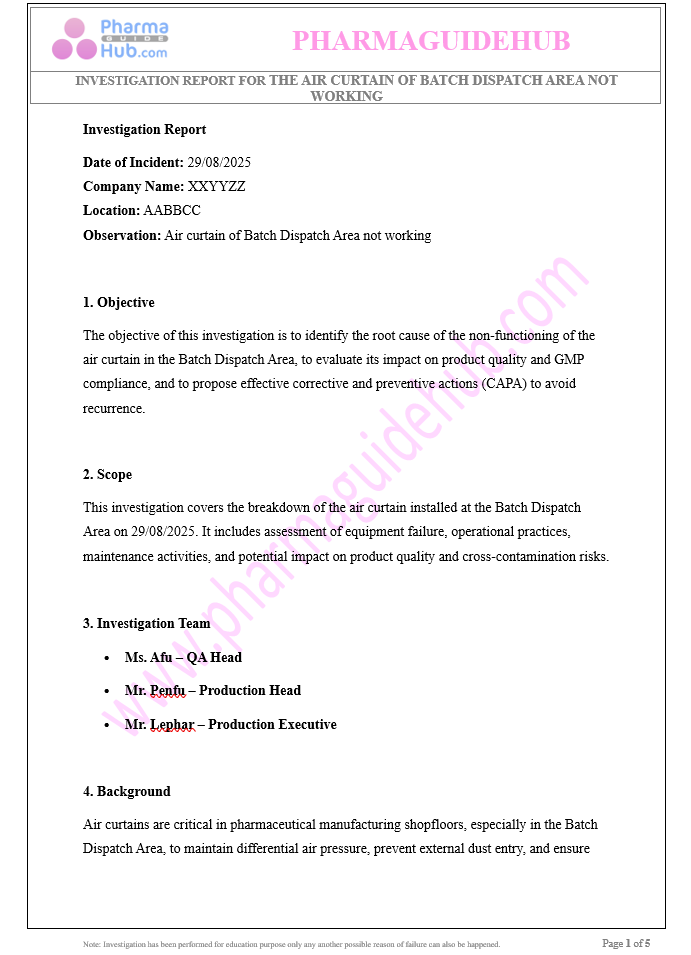INVESTIGATION REPORT FOR THE AIR CURTAIN OF BATCH DISPATCH AREA NOT WORKING