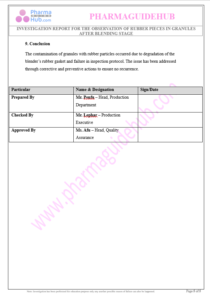 INVESTIGATION REPORT FOR THE OBSERVATION OF RUBBER PIECES IN GRANULES AFTER BLENDING STAGE