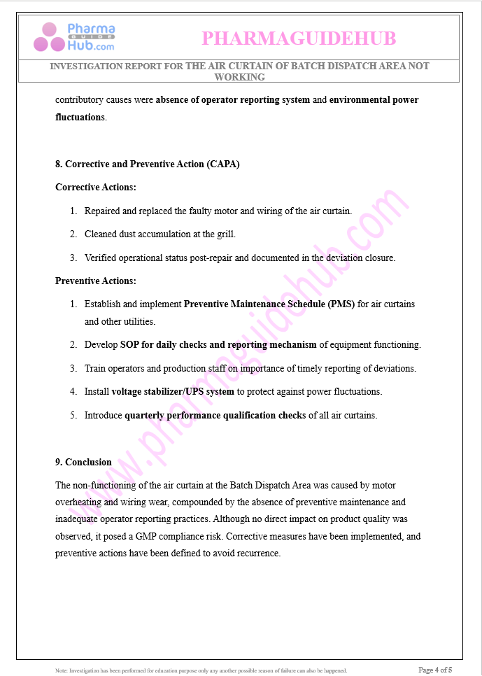 INVESTIGATION REPORT FOR THE AIR CURTAIN OF BATCH DISPATCH AREA NOT WORKING