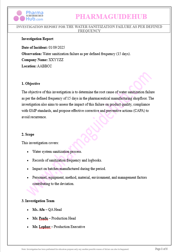 INVESTIGATION REPORT FOR THE WATER SANITIZATION FAILURE AS PER DEFINED FREQUENCY
