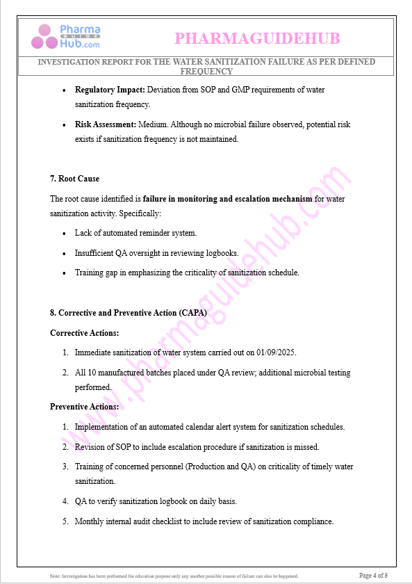 INVESTIGATION REPORT FOR THE WATER SANITIZATION FAILURE AS PER DEFINED FREQUENCY
