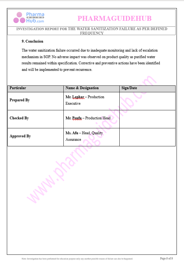 INVESTIGATION REPORT FOR THE WATER SANITIZATION FAILURE AS PER DEFINED FREQUENCY