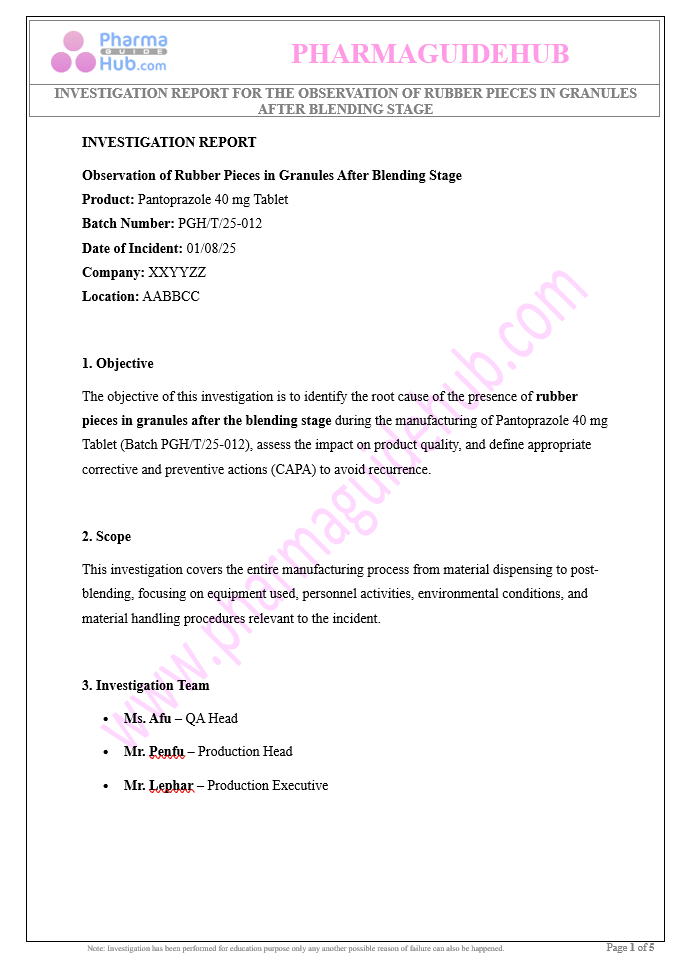 INVESTIGATION REPORT FOR THE OBSERVATION OF RUBBER PIECES IN GRANULES AFTER BLENDING STAGE