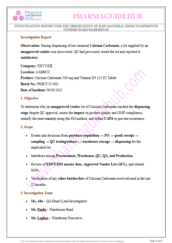 RAW MATERIAL FROM UNAPPROVED VENDOR