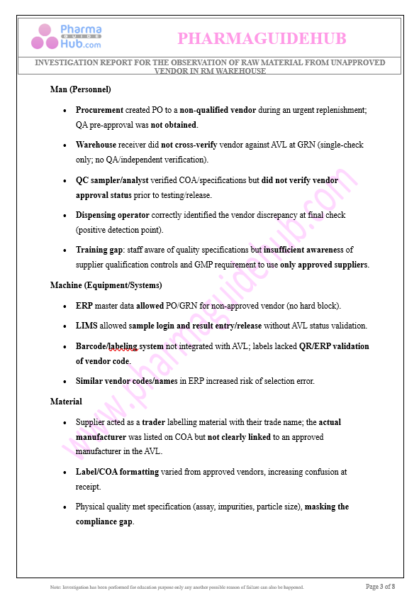 RAW MATERIAL FROM UNAPPROVED VENDOR