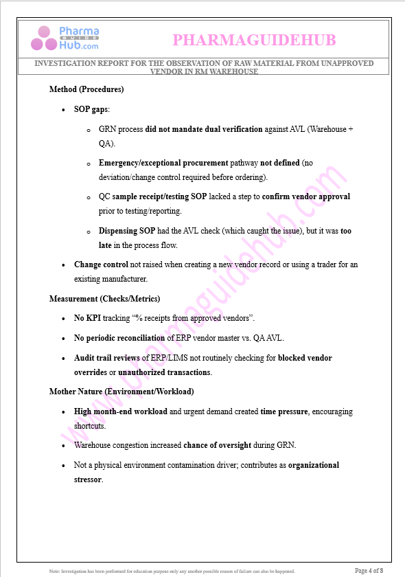 RAW MATERIAL FROM UNAPPROVED VENDOR