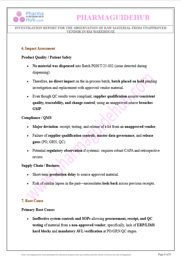 RAW MATERIAL FROM UNAPPROVED VENDOR