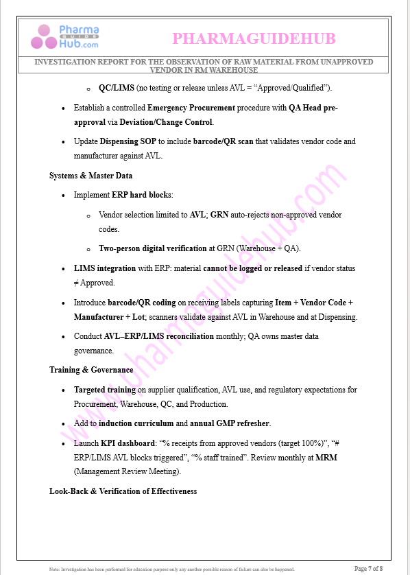 RAW MATERIAL FROM UNAPPROVED VENDOR