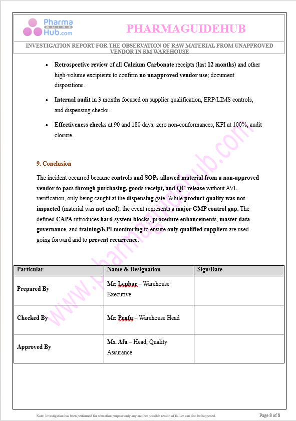 RAW MATERIAL FROM UNAPPROVED VENDOR