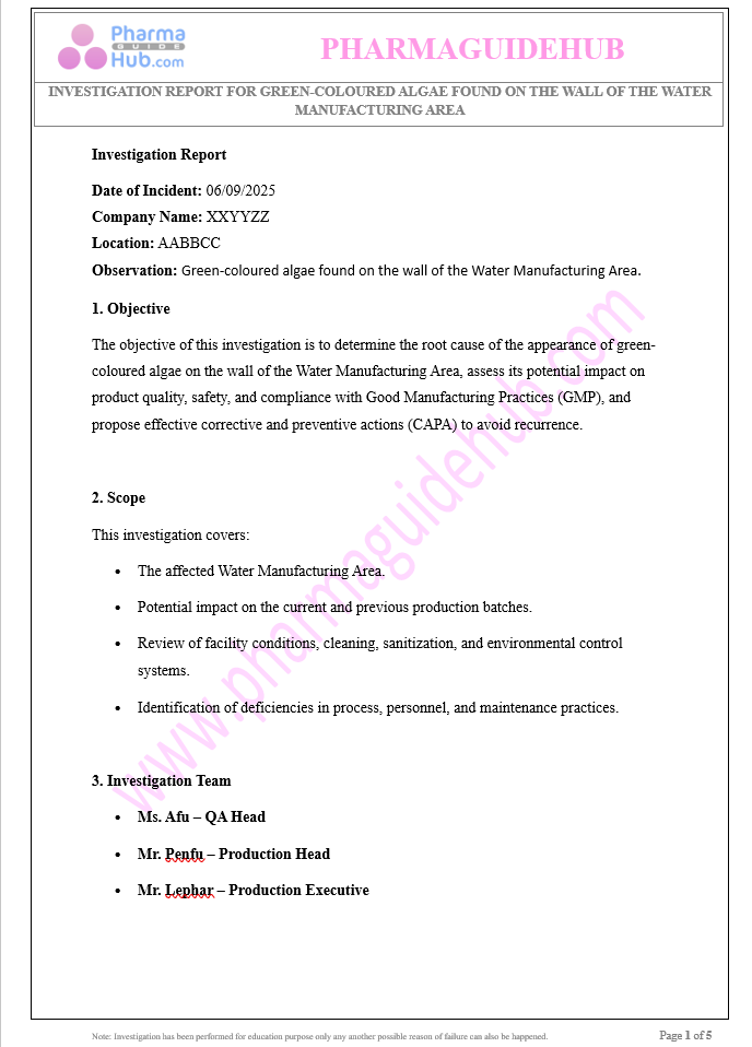 GREEN-COLOURED ALGAE FOUND ON THE WALL OF WATER MANUFACTURING AREA