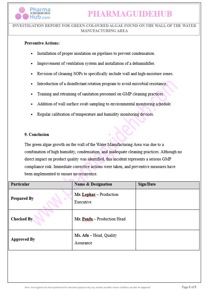 GREEN-COLOURED ALGAE FOUND ON THE WALL OF WATER MANUFACTURING AREA