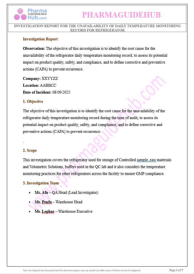 UNAVAILABILITY OF DAILY TEMPERATURE MONITORING RECORD FOR REFRIGERATOR
