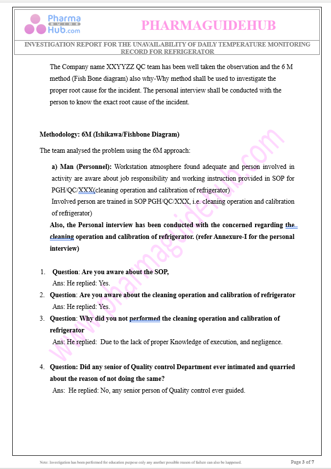 UNAVAILABILITY OF DAILY TEMPERATURE MONITORING RECORD FOR REFRIGERATOR