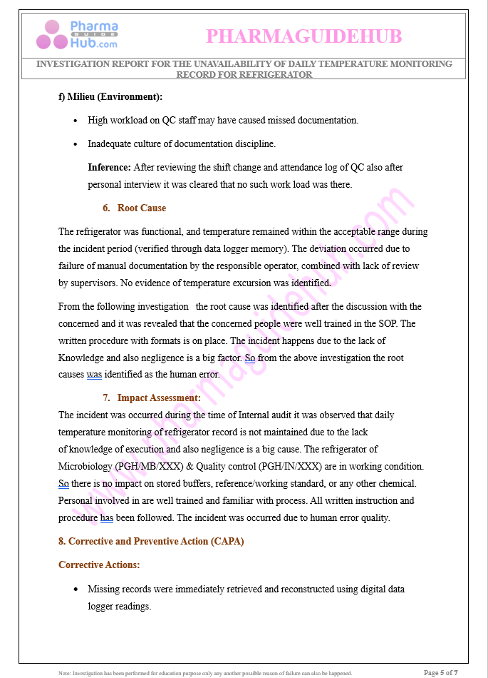 UNAVAILABILITY OF DAILY TEMPERATURE MONITORING RECORD FOR REFRIGERATOR
