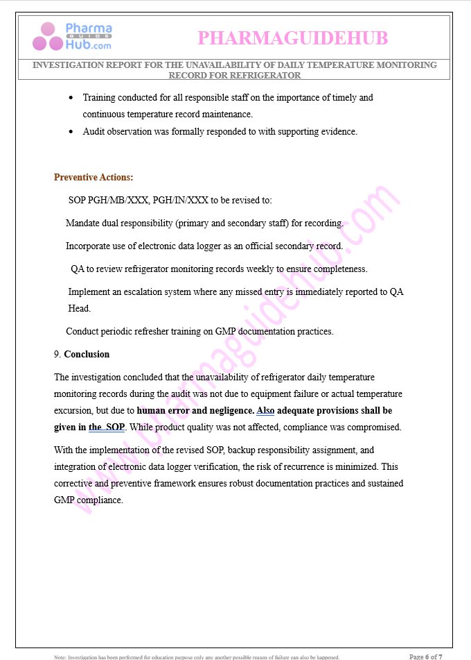 UNAVAILABILITY OF DAILY TEMPERATURE MONITORING RECORD FOR REFRIGERATOR