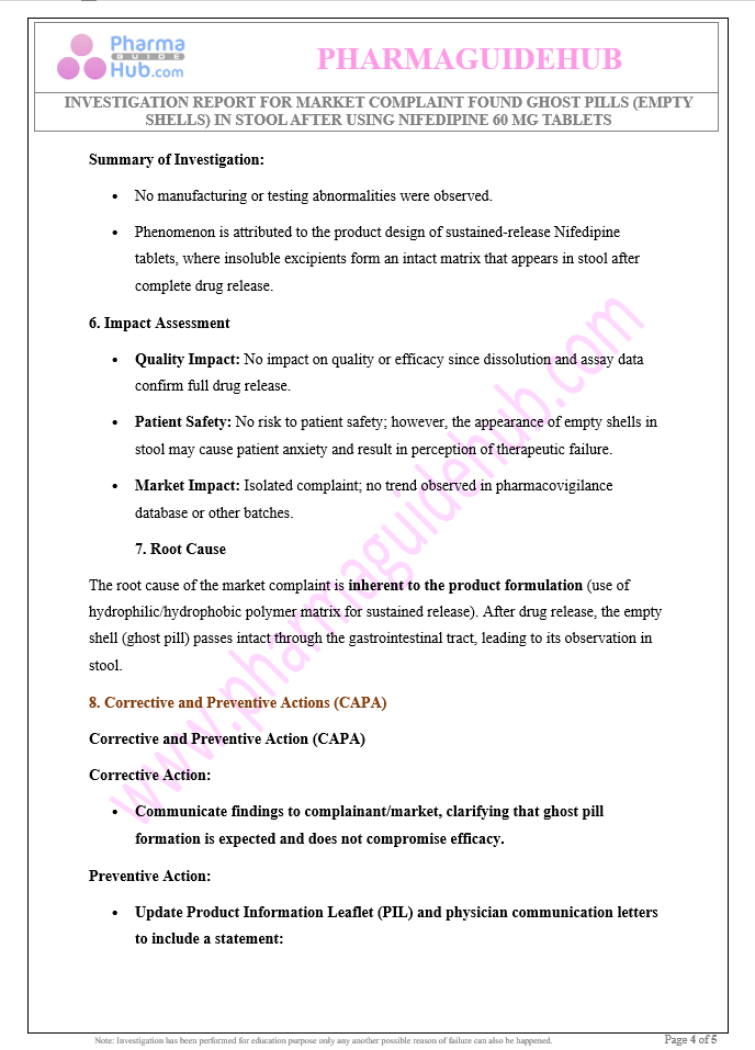 INVESTIGATION REPORT FOR MARKET COMPLAINT FOUND GHOST PILLS (EMPTY SHELLS) IN STOOL 
